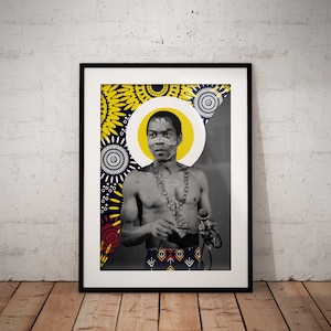 May include: A black and white portrait of a man with a gold chain necklace and a microphone. The background is a colorful pattern of yellow, blue, and red.