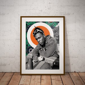 May include: Black and white photo of a person wearing round sunglasses and a denim jacket. The person is leaning on a wooden railing. The background is a green and white patterned design with a large orange circle.