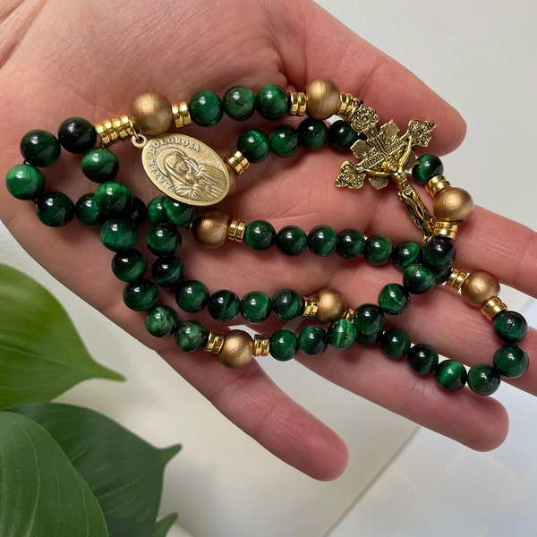 Seven Sorrows Servite OR Standard Servite Seven Sorrows Rosary Chaplet Semiprecious Gemstone Green Tiger Eye