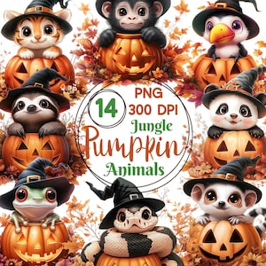 May include: A set of 14 digital illustrations featuring jungle animals dressed in witch hats and holding jack-o'-lantern pumpkins. The illustrations are in PNG format and 300 DPI. The text "PNG 300 DPI Jungle Pumpkin Animals" is displayed in a green circle.