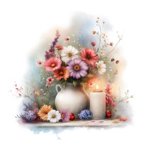 Vaso de flores, buquê, clipart, conjunto de 12 PNG, pacote de clipart em aquarela, flores silvestres, casamento, jardim, festa, mãe, pastel, primavera, verão, botões florais
