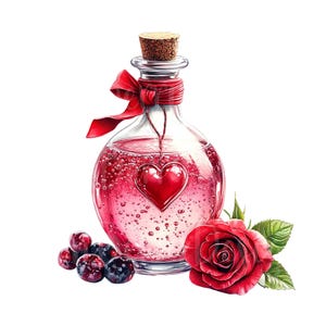 Garrafa de Poção do Amor Clipart, Conjunto de 16 PNG Bundle, Adesivo de Arte de Clipe de Aquarela Dia dos Namorados Coração Poção Mágica Boticário Poção de Vidro Jarro Mágico