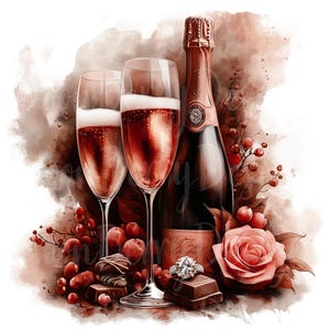 Copos de champanhe clipart, conjunto de 11 PNG Bundle, 300 DPI Clip Art Buquê de casamento Floral Copo de vinho Festa Chocolate Aquarela Adesivo digital