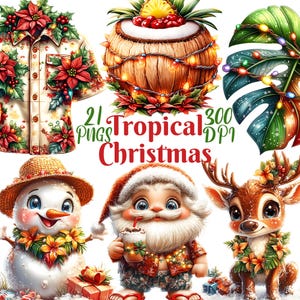 Tropical Christmas Clipart, Set of 21 PNG Bundle 300 DPI Clip Art, Watercolor Winter Holiday Graphic, Ocean Beach Santa Palm Tree Hawaiian