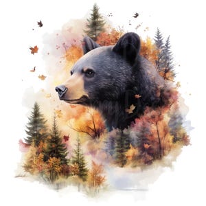 Clipart ours noir, lot de 23 PNG aquarelle Clip Art Bundle, pin arbre montagne sauvage grand chasseur en plein air homme Lodge Stickers numériques muraux