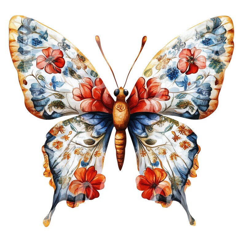 Chenoise Print Butterfly Clipart, Set of 10 PNG Bundle, 300 DPI Clip Art, Floral Wing ...