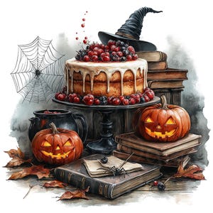 Halloweenkakor Clipart, Set med 12 PNG-paket, Transparent bakgrund, Höst Akvarell Clip Art Efterrätt, Junk Journal Ephemera Scrapbooking