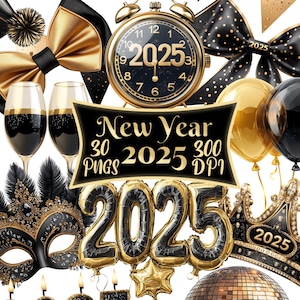 Nieuwjaar 2025 clipart, set van 30 png-bundel, 300 dpi illustraties, aquarel vakantie digitale afbeelding, feest feesthoed klok glamour element