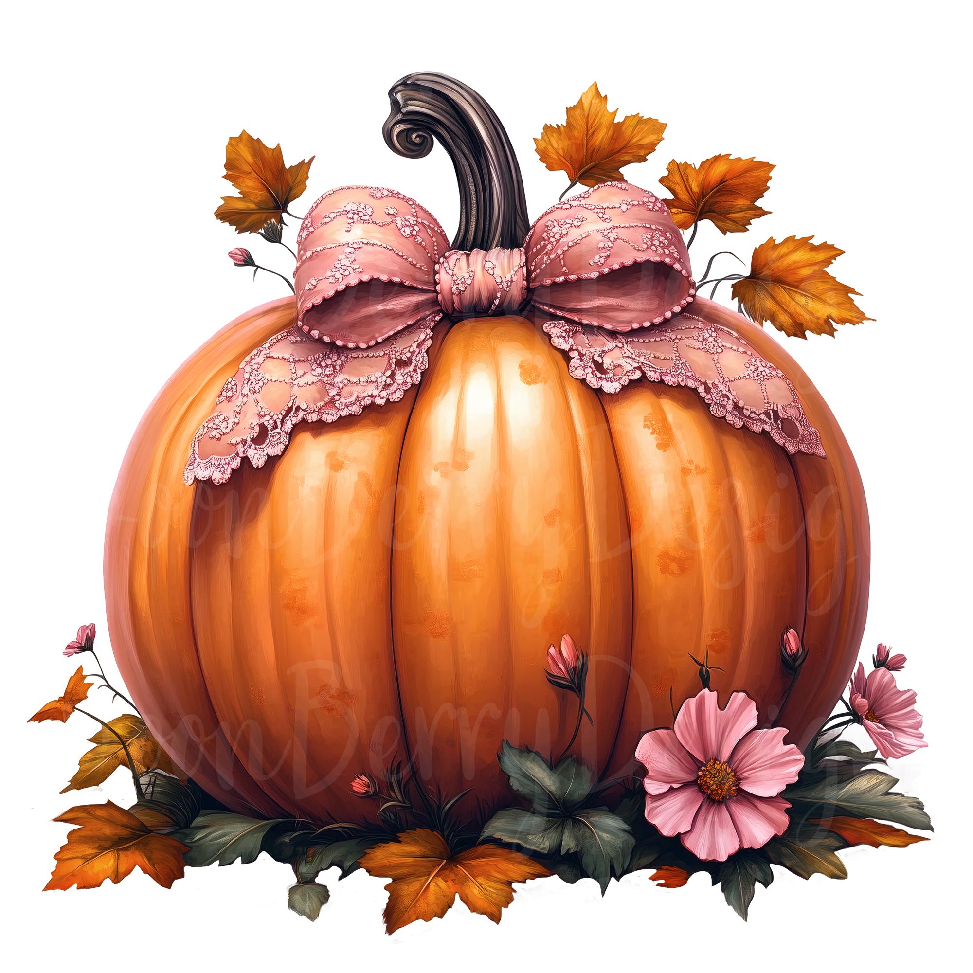 Pink Bow Pumpkin Clip Art, Set of 10 PNG Clipart Bundle, Watercolor ...