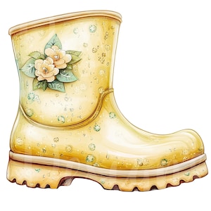 Botas de chuva clipart, conjunto de 11 PNG Bundle, 300 DPI clip art, sapatos de jardim de flores amarelos para dias chuvosos, arte de elemento gráfico digital em aquarela