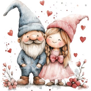 Valentines Gnome Couple Clipart, Set of 10 PNG Bundle, 300 DPI Clip Art, Red Love Pink Hearts Rustic Day, Watercolor Digital Graphic Element