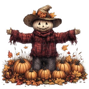 May include: An illustration of a scarecrow with a pumpkin head, wearing a red plaid shirt and a straw hat decorated with autumn leaves. The scarecrow is surrounded by pumpkins and fallen leaves, creating a harvest scene.