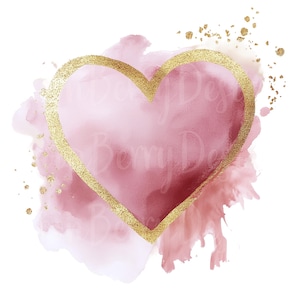 Aquarelle coeur Clipart, lot de 10 PNG, clipart 300 DPI, contour abstrait rose rouge or amour Saint Valentin, élément de vecteur d'autocollant