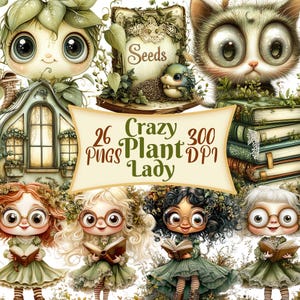 Clipart de Crazy Plant Lady, conjunto de 26 PNG Bundle, Clip Art de 300 DPI, Livro de histórias de vegetação de casa, Arte de elemento gráfico digital em aquarela