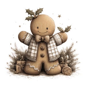 May include: A charming gingerbread man illustration with a plaid scarf and bow tie, adorned with holly leaves. The festive design includes small gifts, pine branches, and stars, perfect for holiday-themed products.