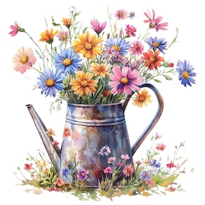 Regador de flores silvestres clipart, conjunto de 14 PNG pacote, 300 DPI clip art, jardim de flores verão, pastel aquarela elemento gráfico digital