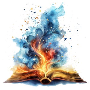 K&ouml;nnte beinhalten: Aquarellillustration eines offenen Buches mit gold- und braunfarbenen Seiten. Ein Ausbruch aus Blau, Orange und Gelb geht von dem Buch aus, mit Farbspritzern im Hintergrund. Das Bild hat ein Fantasy- oder magisches Thema.