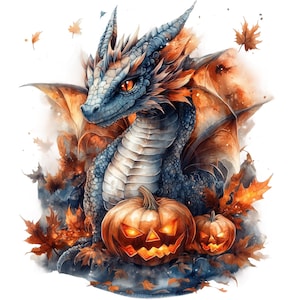 Halloween Drache Clipart, Set aus 11 PNG Bundle, Aquarell Clip Art, Mittelalterlicher Herbst Drache Mythisch Fantasy Gothic Urlaub Baby Drake Aufkleber
