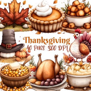 Thanksgiving Clipart, Set of 40 PNG Bundle, 300 DPI Clip Art, Watercolor Holiday Graphic, Autumn Fall Pumpkin Turkey Feast Meal Dinner Table