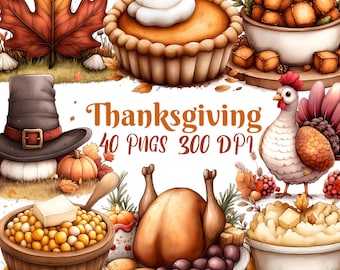 Thanksgiving Clipart, Set of 40 PNG Bundle, 300 DPI Clip Art, Watercolor Holiday Graphic, Autumn Fall Pumpkin Turkey Feast Meal Dinner Table