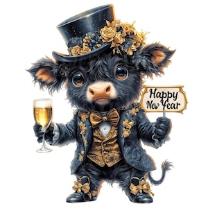 Imágenes prediseñadas de vaca de las tierras altas de Año Nuevo, conjunto de 10 paquetes PNG, imágenes prediseñadas de 300 DPI 2026 2027 26 Feliz celebración año fiesta acuarela gráfico digital