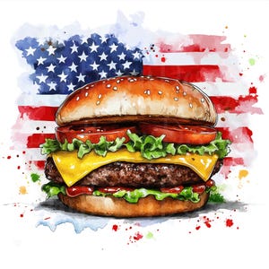 Clip art per barbecue del 4 luglio, set di 17 PNG, adesivi acquerello con bandiera degli Stati Uniti, hotdog, cheeseburger e cibo americano per la festa del 4 luglio.