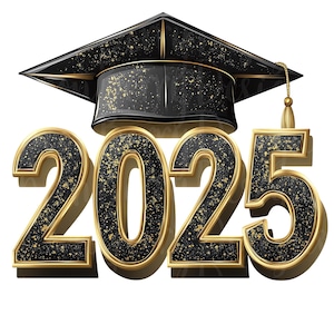 Afstuderen 2025 clipart, set van 15 png-bundel, 300 dpi aquarel illustraties, gouden schoolkleur college grad partij middelbare school klas van 2025 25