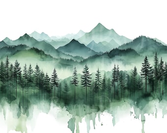 Mountain Forest Clipart, Set of 19 PNG Bundle, 300 DPI Clip Art, Pine Tree Line Great Outdoor Watercolor Digital Graphic Sticker Wall Paint
