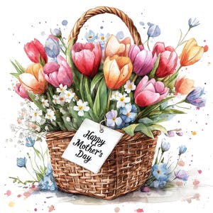 Fête des mères, panier de fleurs clipart, lot de 13 PNG, 300 DPI Clip Art, jardin floral d'été, élément graphique numérique aquarelle pastel