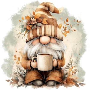 May include: A gnome wearing a brown and white striped hat with fall leaves and a white mug in its hands. The gnome is sitting on a bed of fall leaves.
