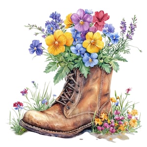 Bottes de fleurs sauvages, lot de 16 PNG, clipart 300 DPI, fleur floral chaussure jardin printemps été, élément graphique autocollant aquarelle pastel