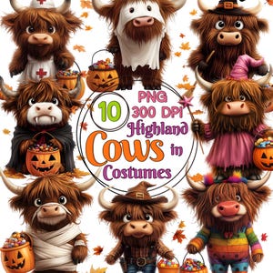 May include: Ten digital illustrations of Highland cows dressed in Halloween costumes. The cows are wearing costumes such as a nurse, a ghost, a witch, a vampire, a mummy, a cowboy, a clown, and a superhero. The illustrations are in PNG format and are 300 DPI.