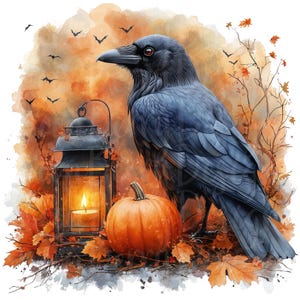 Clipart de cuervo negro, paquete de 10 PNG, fondo transparente, clip art de acuarela de otoño, efímera de scrapbooking para diario basura de Halloween