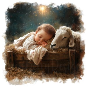 Op de afbeelding: Digitale illustratie van een slapende baby in een kribbe met een schaap. De baby is gewikkeld in een witte doek en rust op hooi. Een heldere ster schijnt in de nachthemel boven de kribbe.