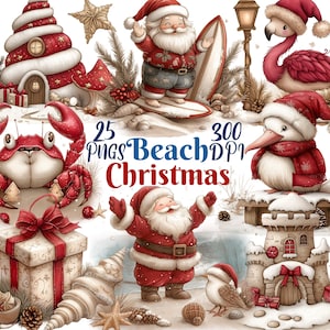 Beach Christmas Clipart, Set of 25 PNG Bundle 300 DPI Clip Art, Watercolor Holiday Graphic Sand Nautical Santa Sea Shell Wreath Surf Winter