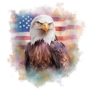May include: A detailed illustration of a bald eagle with white head feathers, brown body feathers, and a yellow beak. The eagle is set against a watercolor-style American flag background with red, white, and blue hues.