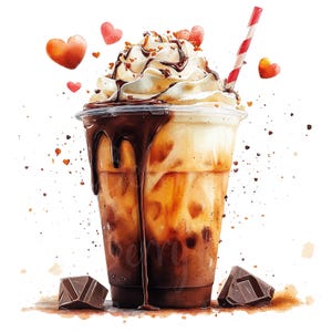 Clipart de Mocha Gelado de Dia dos Namorados, Conjunto de 11 PNG Bundle, Clip Art de 300 DPI Café Chocolate Sobremesa Bebida Festa Dia Aquarela Decalque Digital