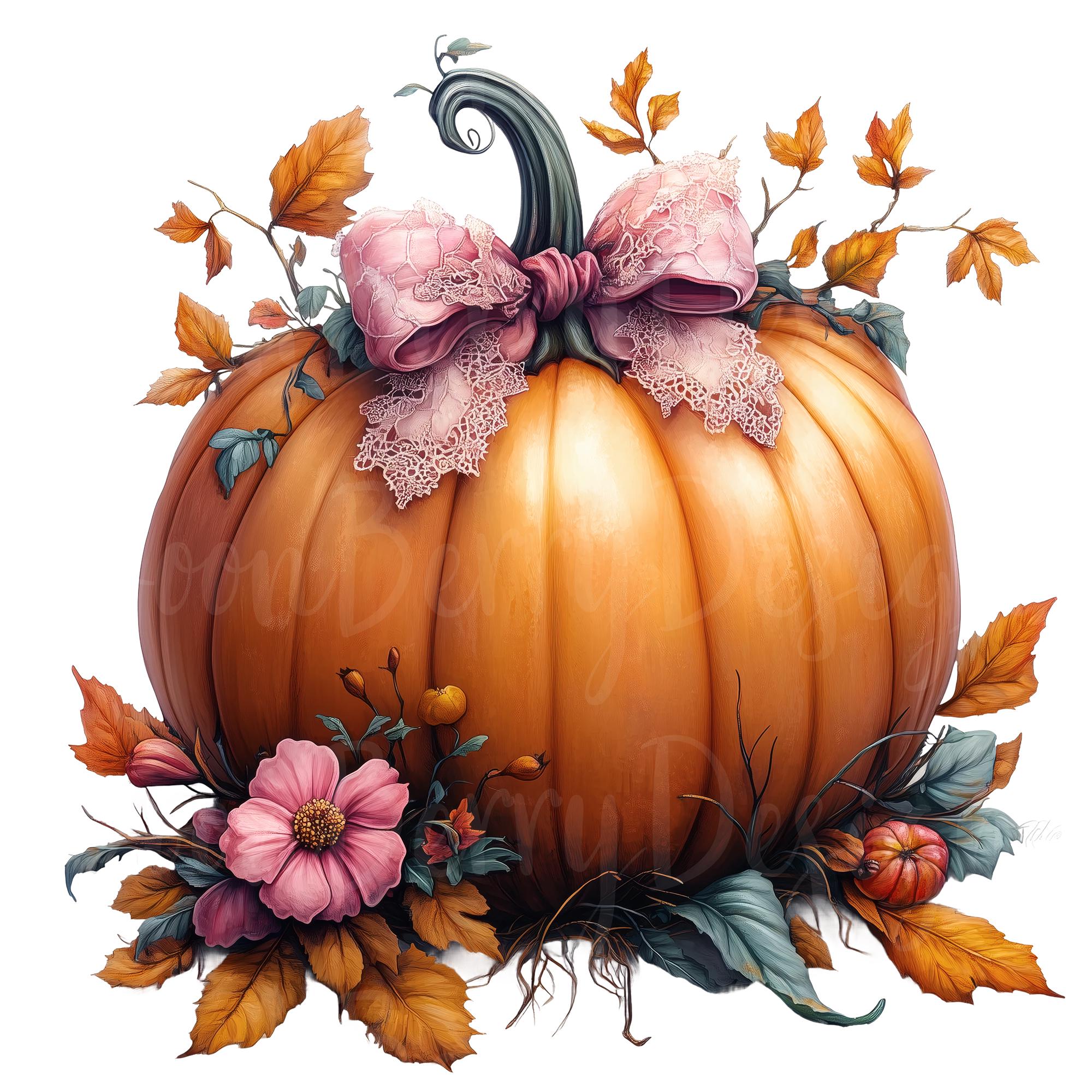 Pink Bow Pumpkin Clip Art, Set of 10 PNG Clipart Bundle, Watercolor ...