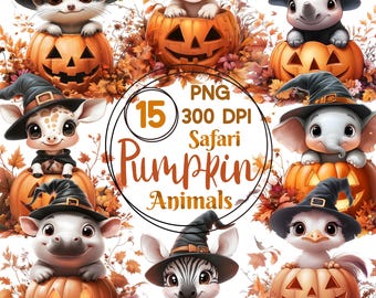 Safari Pumpkin Animals Clip Art, Set of 15 PNG Bundle, 300 DPI Clipart, Fall Cute African Halloween, Monkey, Elephant, Hippo, Rhino, Giraffe