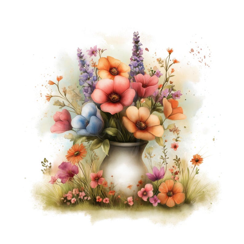 Flower Vase Bouquet Clipart, Set of 12 PNG Watercolor Clip Art Bundle ...