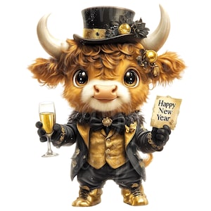 New Years Highland Cow Clipart, Set van 12 PNG-bundel, 300 DPI Clip Art 2026 2027 26 Happy Celebration Year partij aquarel digitale afbeelding