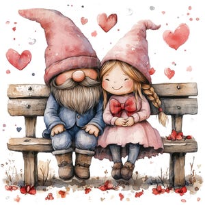 Valentines Gnome Couple Clipart, Set of 13 PNG Bundle, 300 DPI Clip Art, Red Love Pink Hearts Bench Day, Watercolor Digital Graphic Element