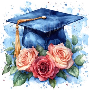 Abschlusskappe Clipart, 10er-Set PNG-Bundle, 300 DPI Clip Art, Blaue Schulfarbe Grad Party Klasse von 2025 Aquarell Digitaler Aufkleber Design
