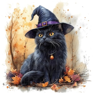 Black Cats Clipart, Set of 11 PNG Bundle, Transparent Background, Fall Watercolor Clip Art, Halloween Junk Journal Scrapbooking, Witch Hats