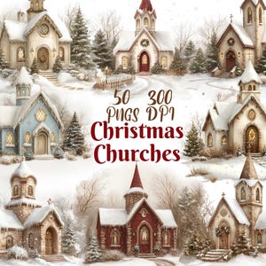 Christmas Church Clipart, Set of 50 PNG Bundle, 300 DPI Clip Art, Winter Religious Wedding, Watercolor Holiday Graphic Art, Sublimation, POD