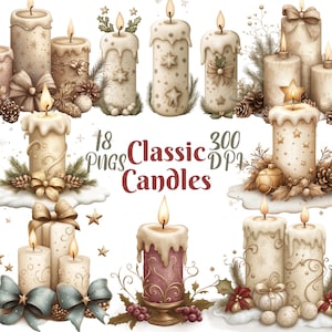 Candle Clipart, Set of 18 PNG Bundle, 300 DPI Clip Art, Winter Christmas Clipart, Watercolor Festive Holiday Graphic Art, Sublimation, POD