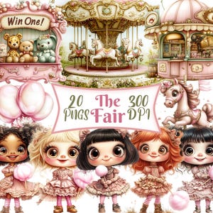 Jahrmarkt Clipart, 20er Set PNG Bundle, 300 DPI Clip Art, Jahrmarkt Zirkus Karneval Spiele Fahrten Mädchen, digitales Grafikelement Aquarell