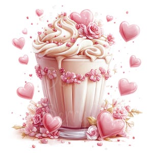 Pode incluir: Um cupcake rosa e branco com um design de cobertura em forma de coração e corações rosas espalhados ao redor.