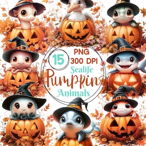 Sea Life Pumpkin Animals Clip Art, Set of 15 PNG Bundle, 300 DPI Clipart, Fall Cute Aquatic Halloween, Shark, Flamingo, Crab, Dolphin, Fish