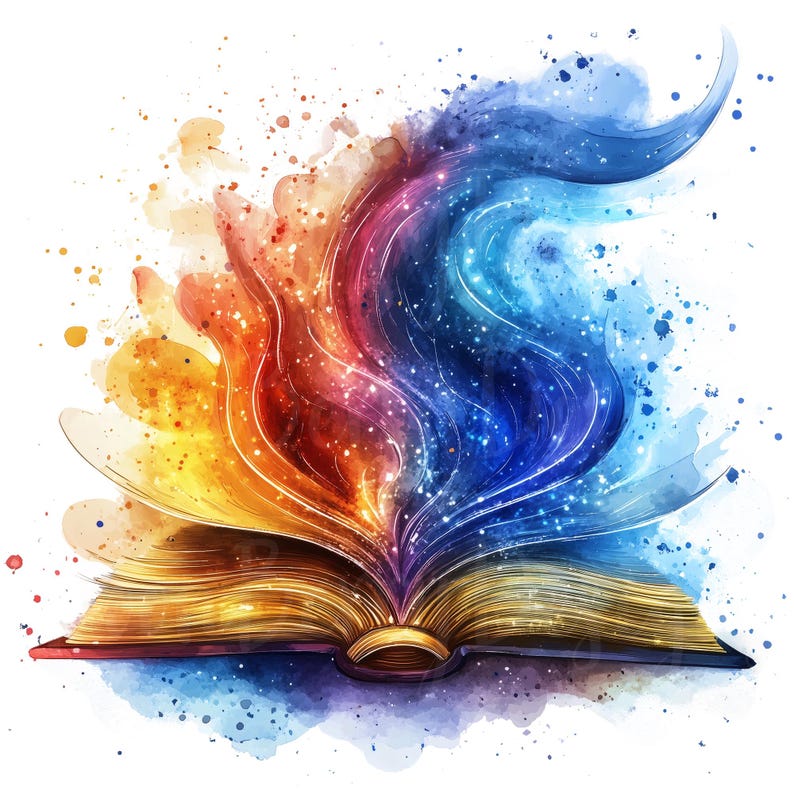 K&ouml;nnte beinhalten: Aquarell-Illustration eines offenen Buches mit goldenen Seiten. Leuchtende Farben von Orange, Rot und Blau gehen von dem Buch aus, mit funkelnden Akzenten. Das Bild hat ein Fantasy-Thema.